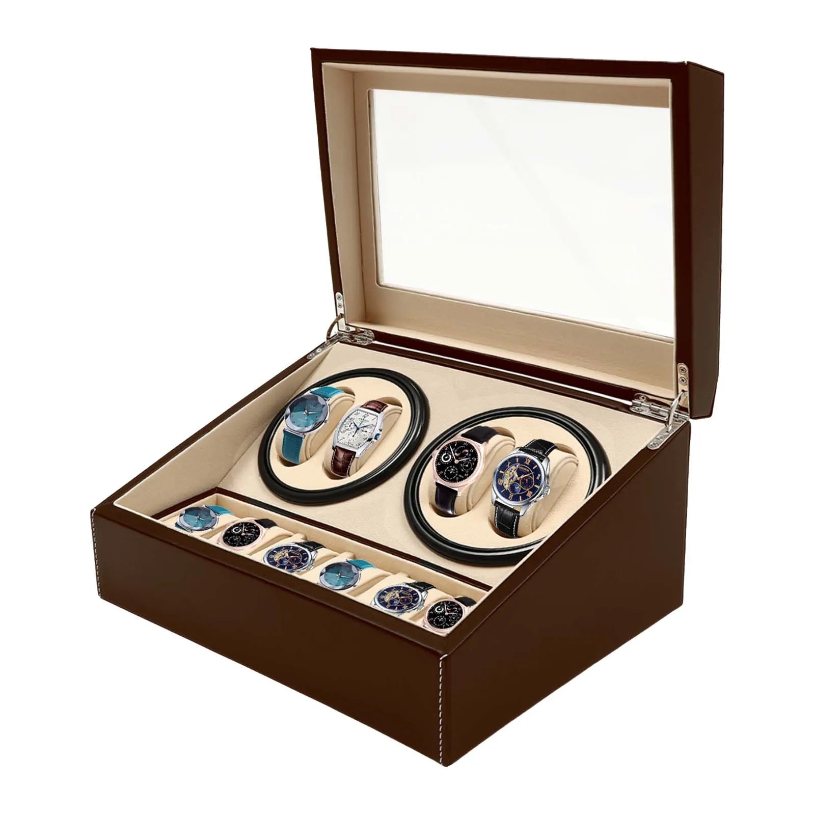 Automatic Watch Winder Box for 4 Watches with 6 Storage Slots, PU Leather Case with Quiet Bidirectional Motor