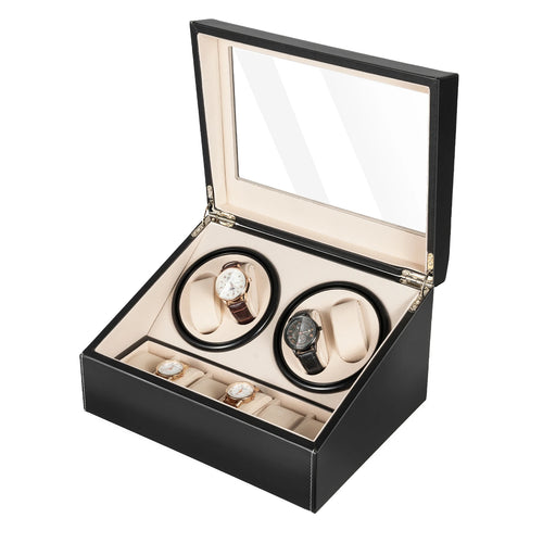 Automatic Watch Winder Box for 4 Watches with 6 Storage Slots, PU Leather Case with Quiet Bidirectional Motor