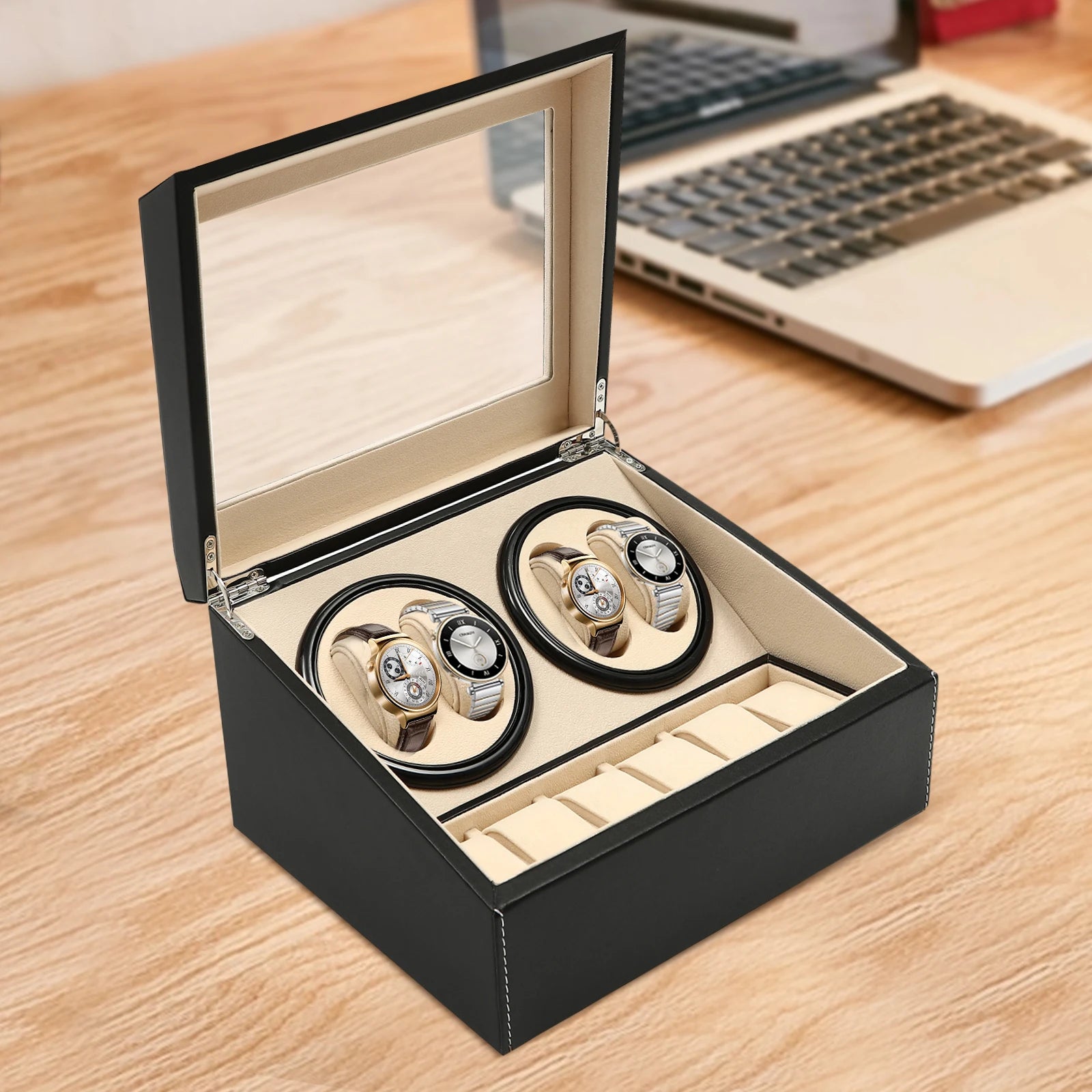 Automatic Watch Winder Box for 4 Watches with 6 Storage Slots, PU Leather Case with Quiet Bidirectional Motor