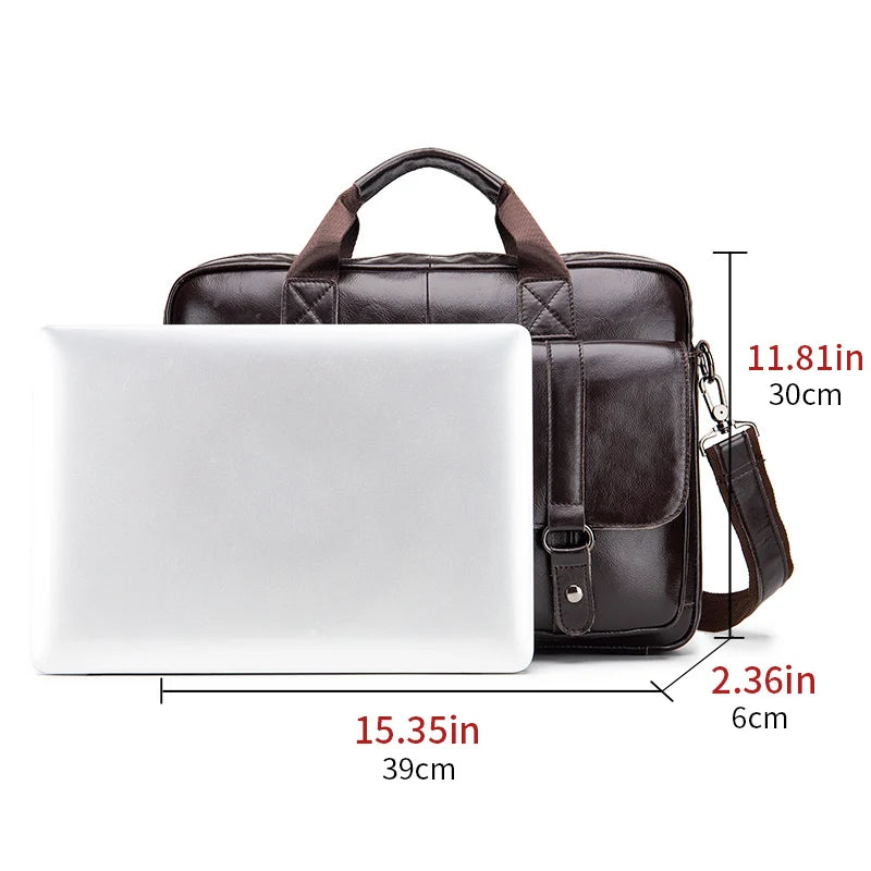 Genuine Leather Briefcase for Men, 15 Inch Laptop Business Bag, Zip Closure Cowhide Work Bag with Interior Organizer Pockets