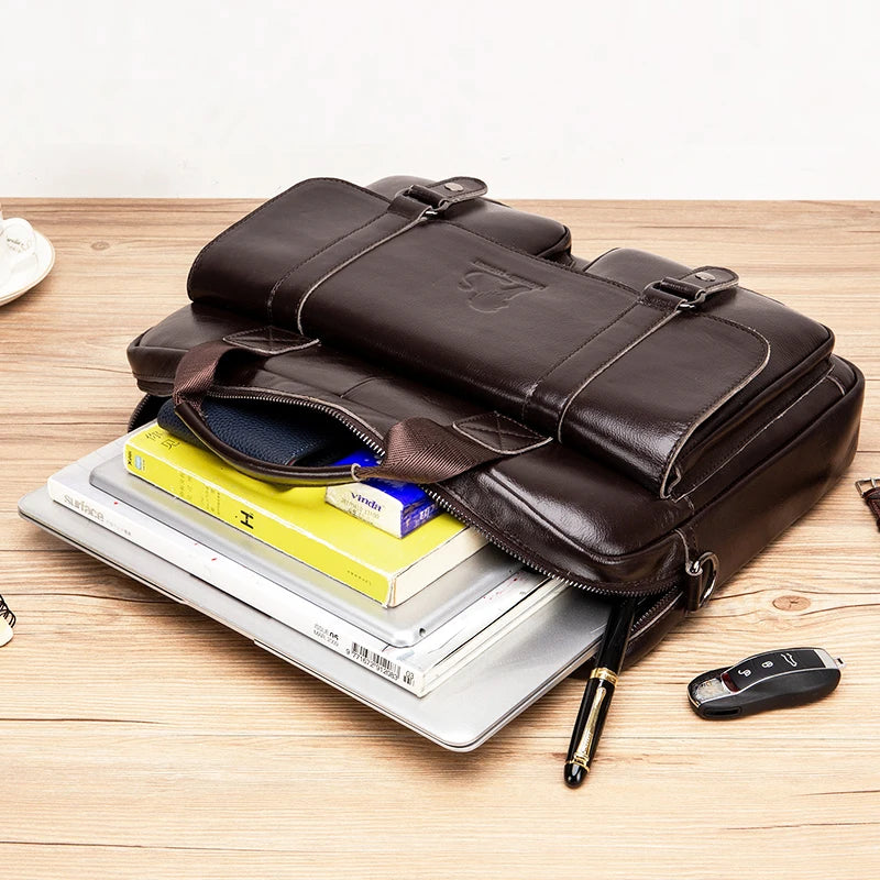 Genuine Leather Briefcase for Men, 15 Inch Laptop Business Bag, Zip Closure Cowhide Work Bag with Interior Organizer Pockets