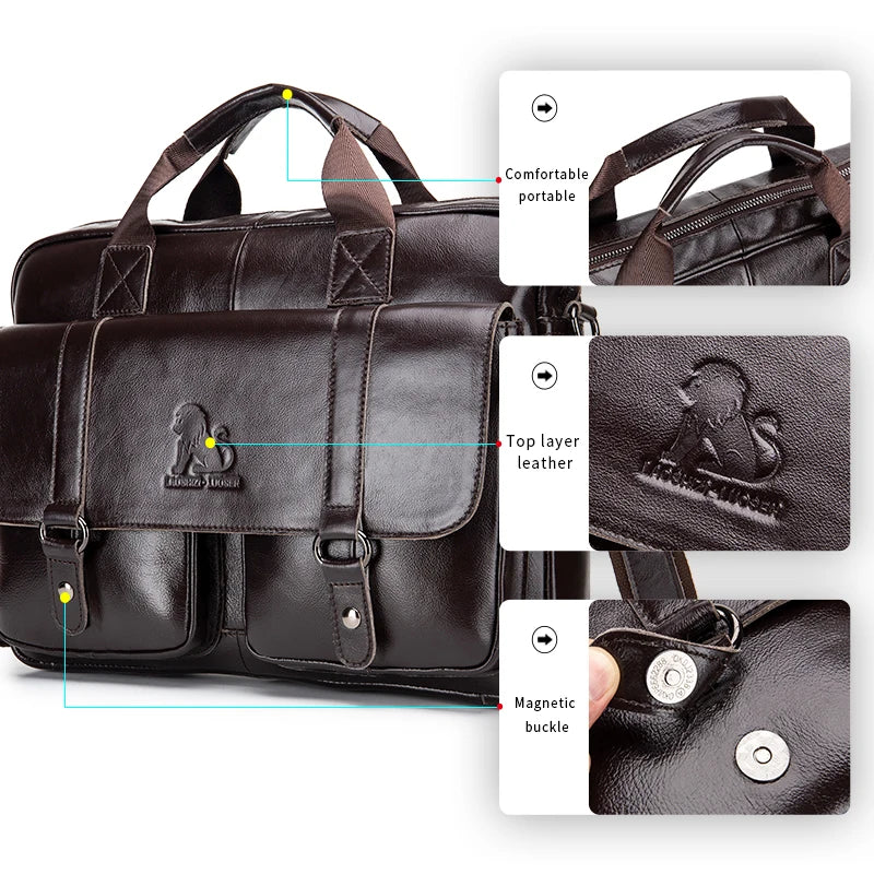 Genuine Leather Briefcase for Men, 15 Inch Laptop Business Bag, Zip Closure Cowhide Work Bag with Interior Organizer Pockets