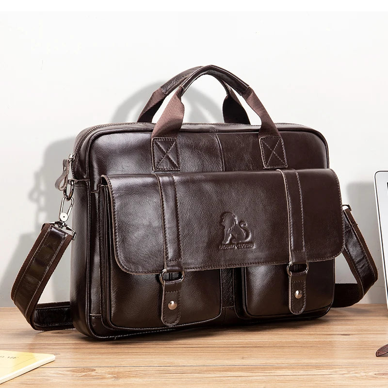 Genuine Leather Briefcase for Men, 15 Inch Laptop Business Bag, Zip Closure Cowhide Work Bag with Interior Organizer Pockets