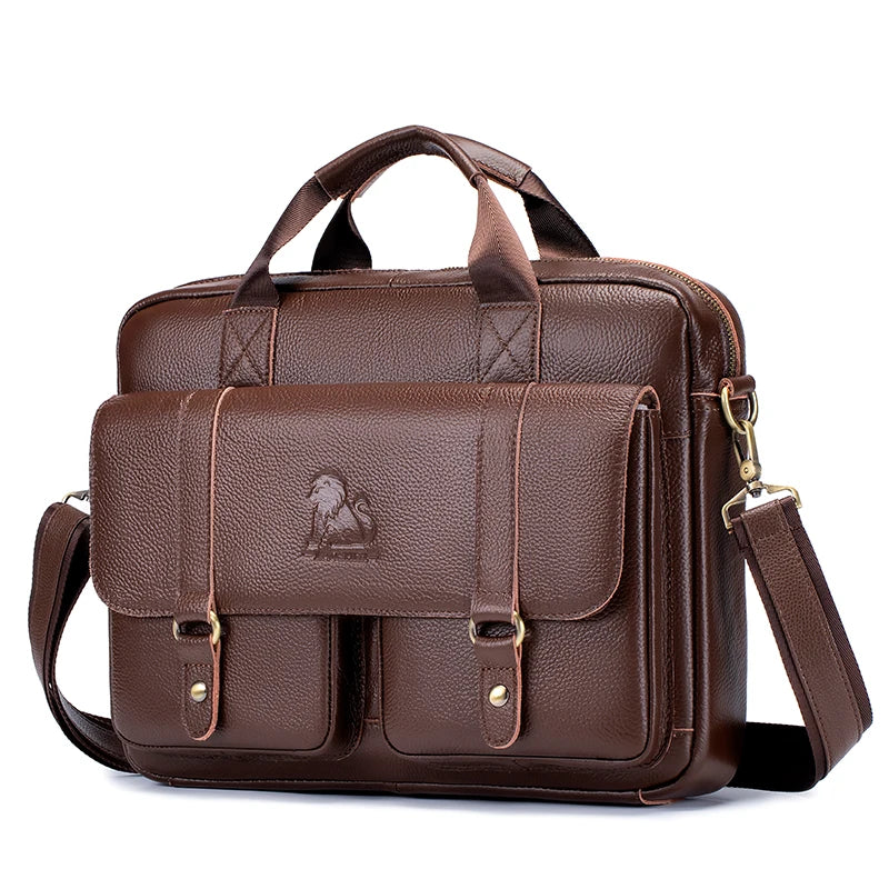 Genuine Leather Briefcase for Men, 15 Inch Laptop Business Bag, Zip Closure Cowhide Work Bag with Interior Organizer Pockets