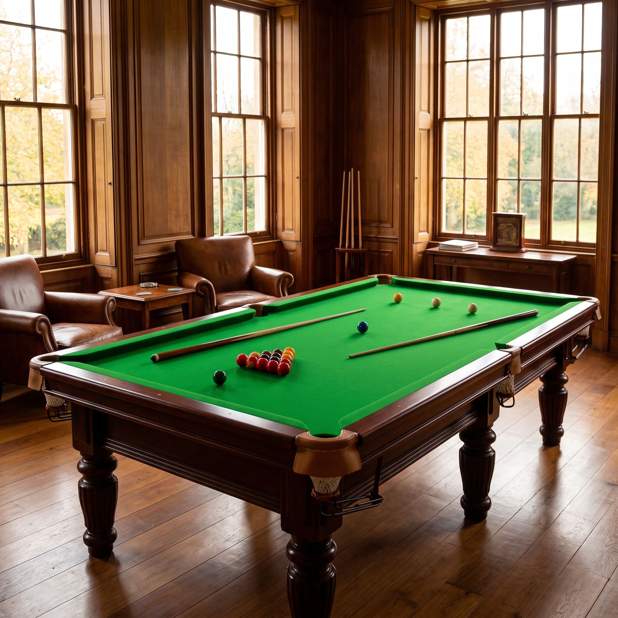 Billiard cloth fitted to a full-size table in a wood-panelled games room