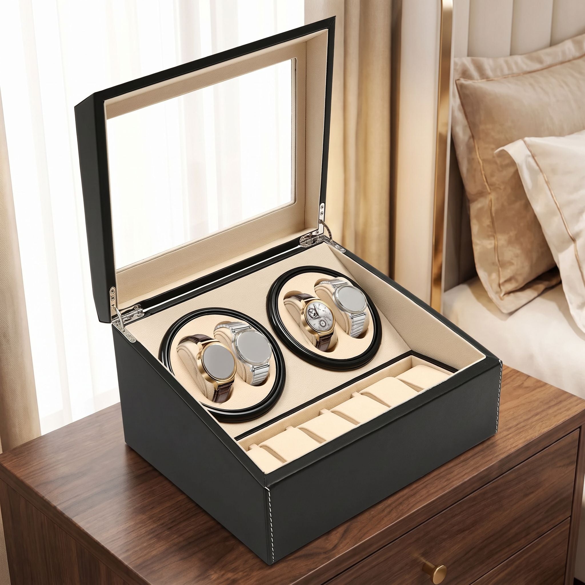 Watch winder box brightly lit on a walnut dresser, high contrast variant