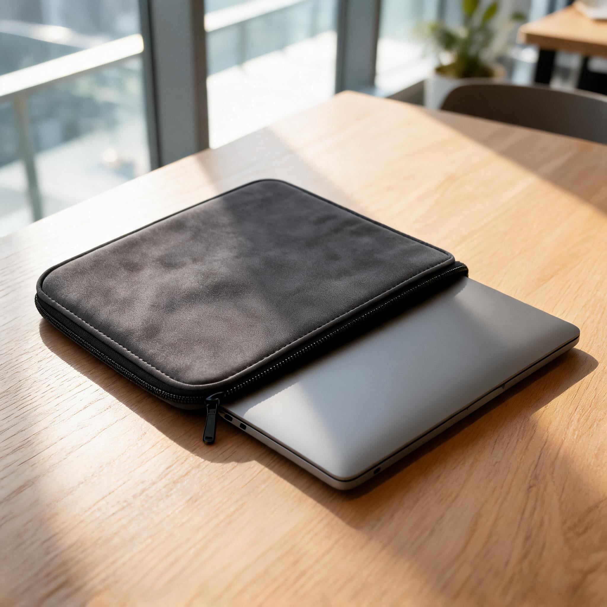 Leather laptop sleeve on a bright desk with an unbranded laptop