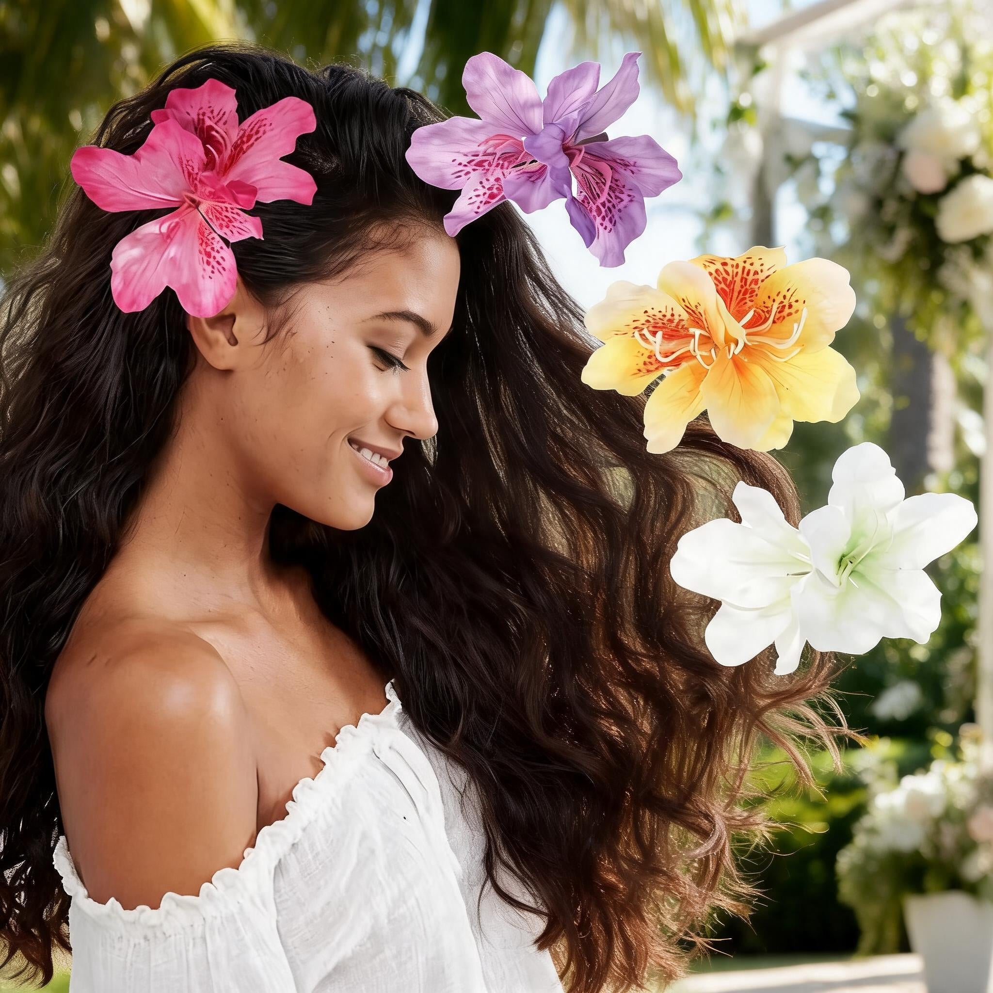 Bohemian flower hair clips worn in loose wavy hair outdoors