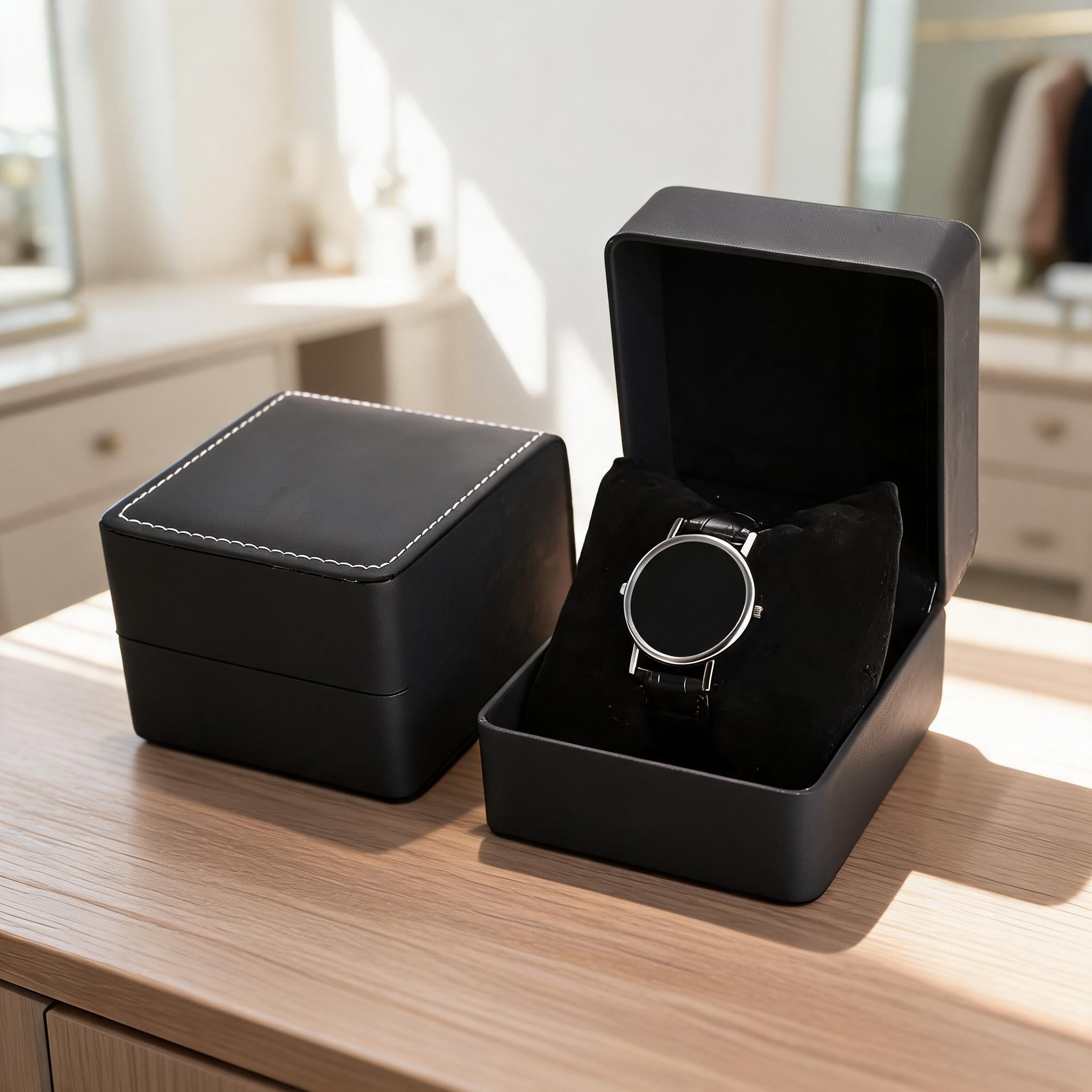 Single watch gift box open on a bright dresser