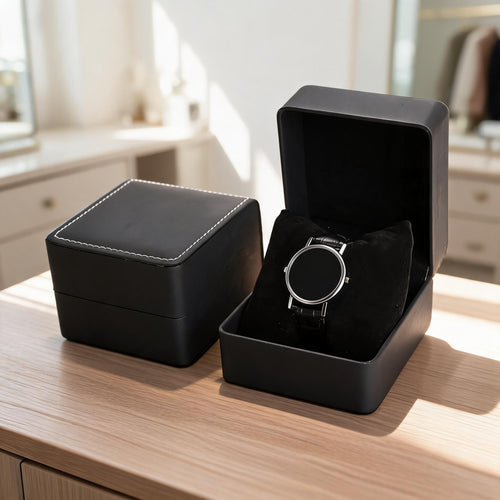 Single watch gift box open on a bright dresser