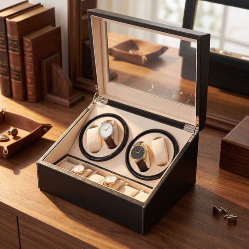 Automatic watch winder box open on a walnut desk in warm morning light