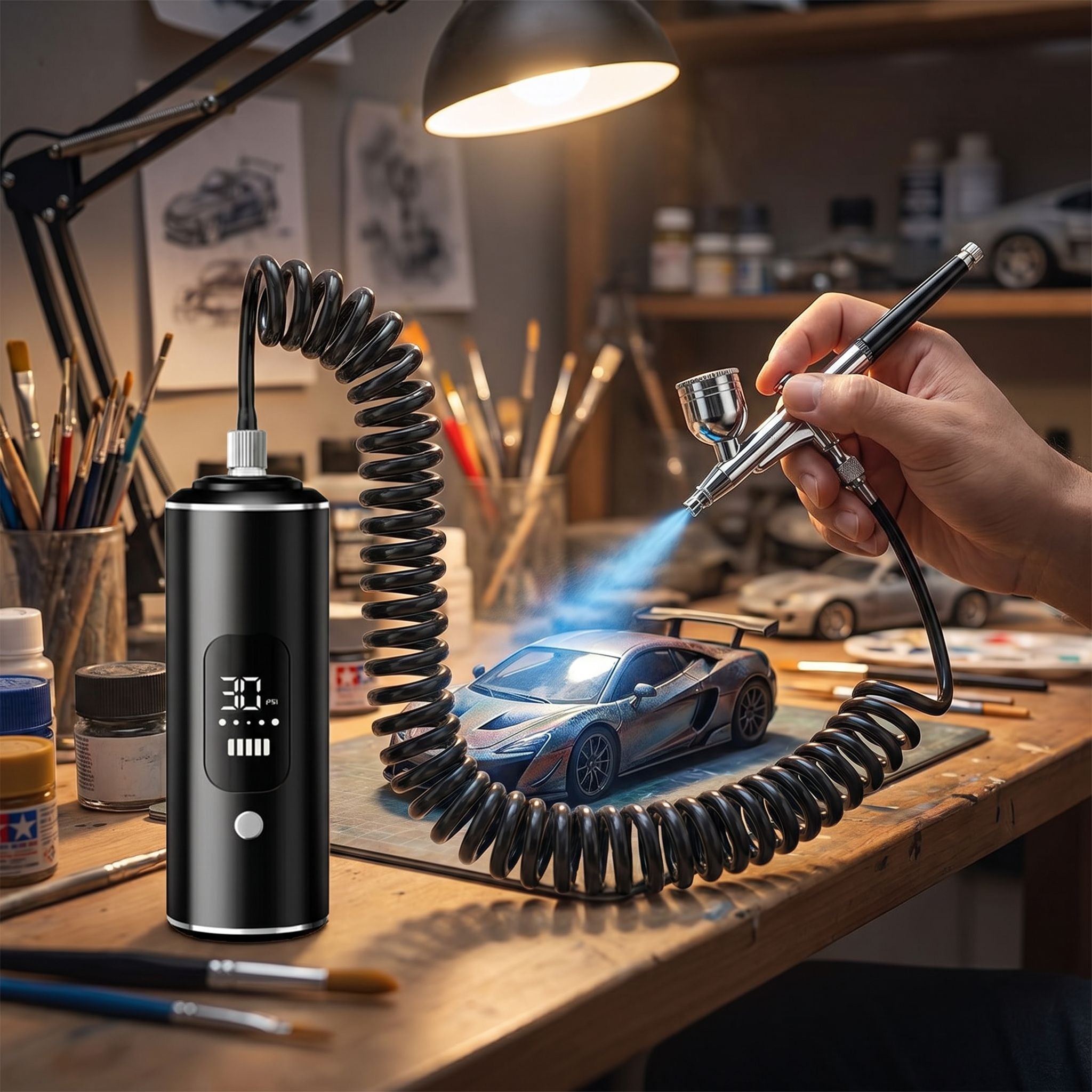 Mini airbrush with compressor in use on an artist workbench