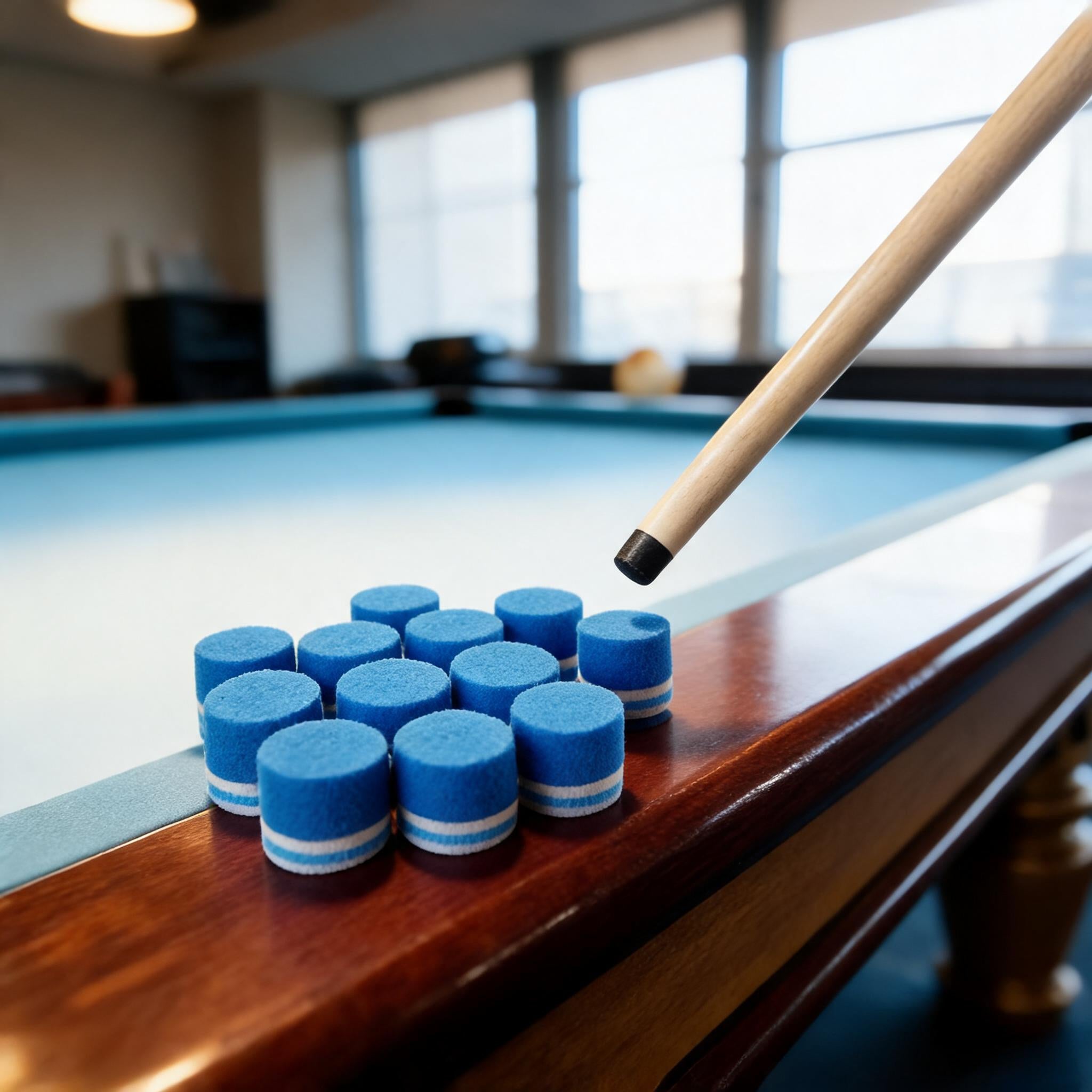 Billiard cue tips on a polished pool table rail