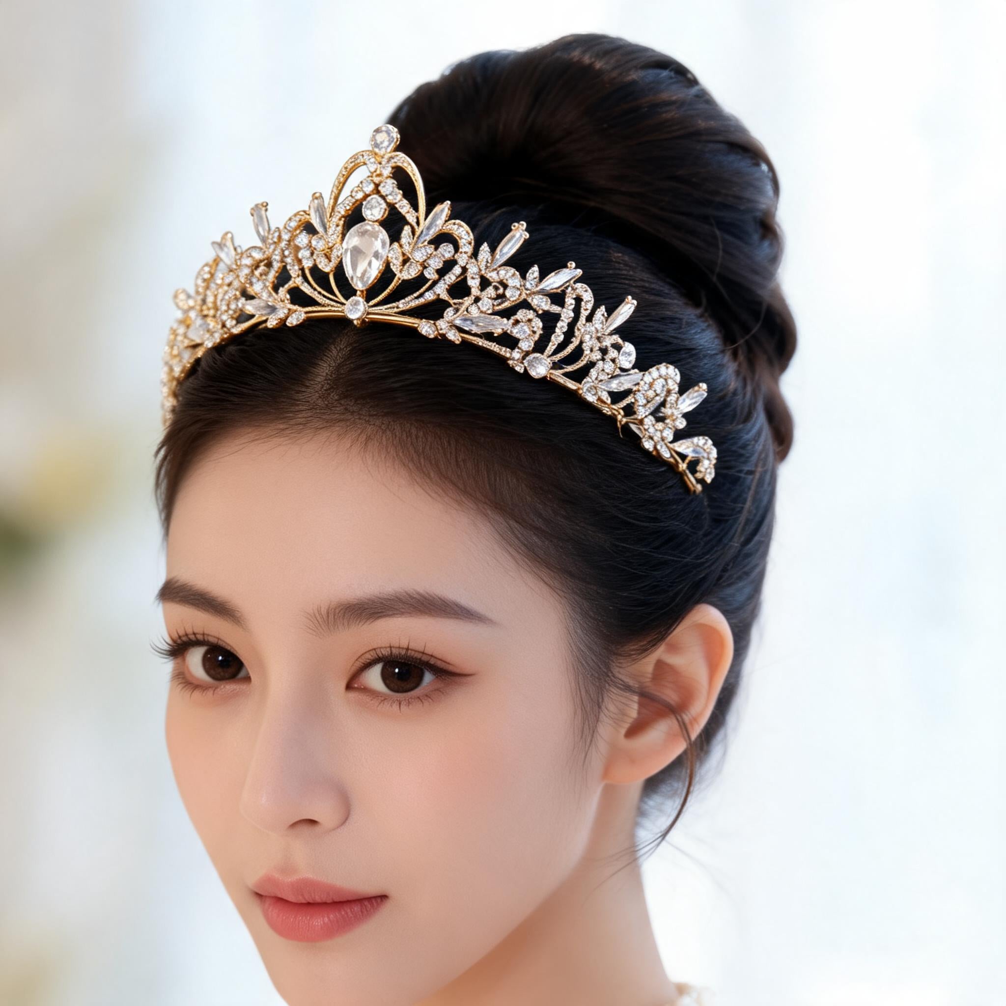 Gold bridal crown tiara worn in an elegant updo