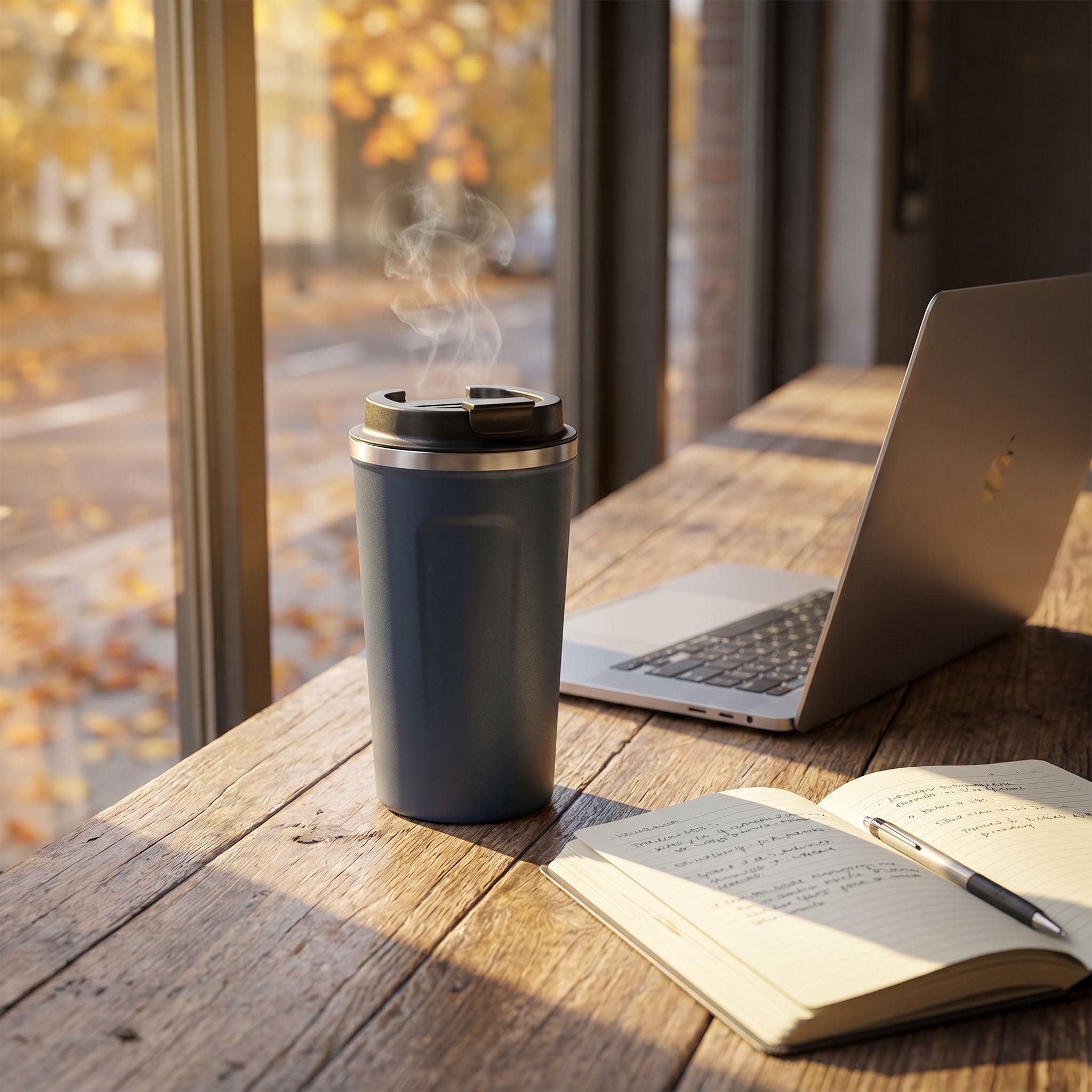 Insulated stainless steel travel coffee mug on a sunlit cafe table