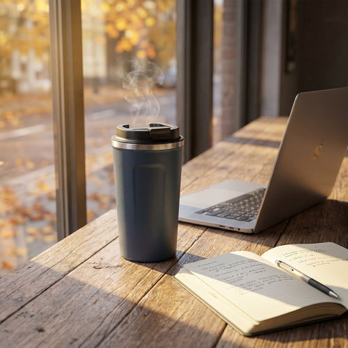 Insulated stainless steel travel coffee mug on a sunlit cafe table