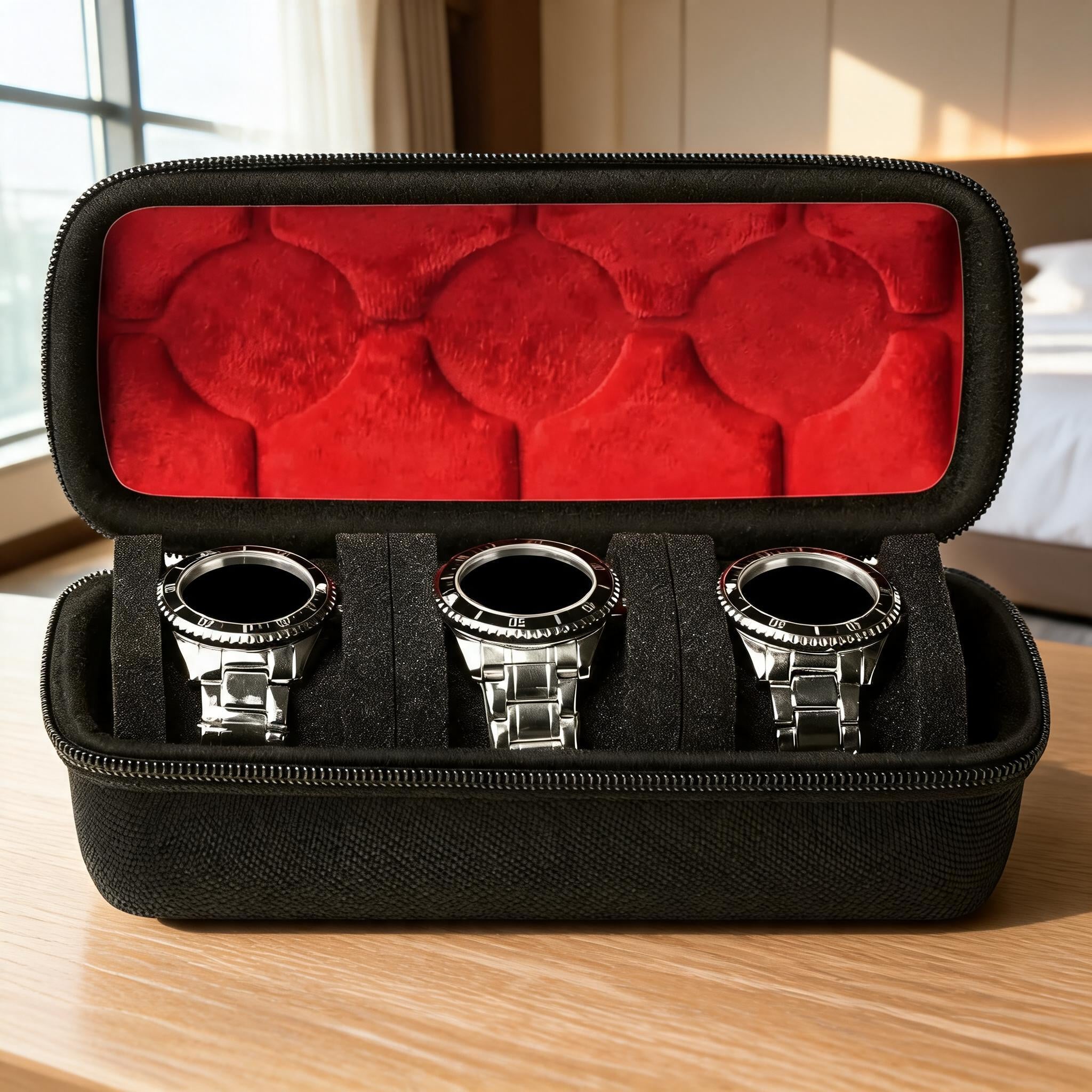 Watch travel case organizer open on a bright surface