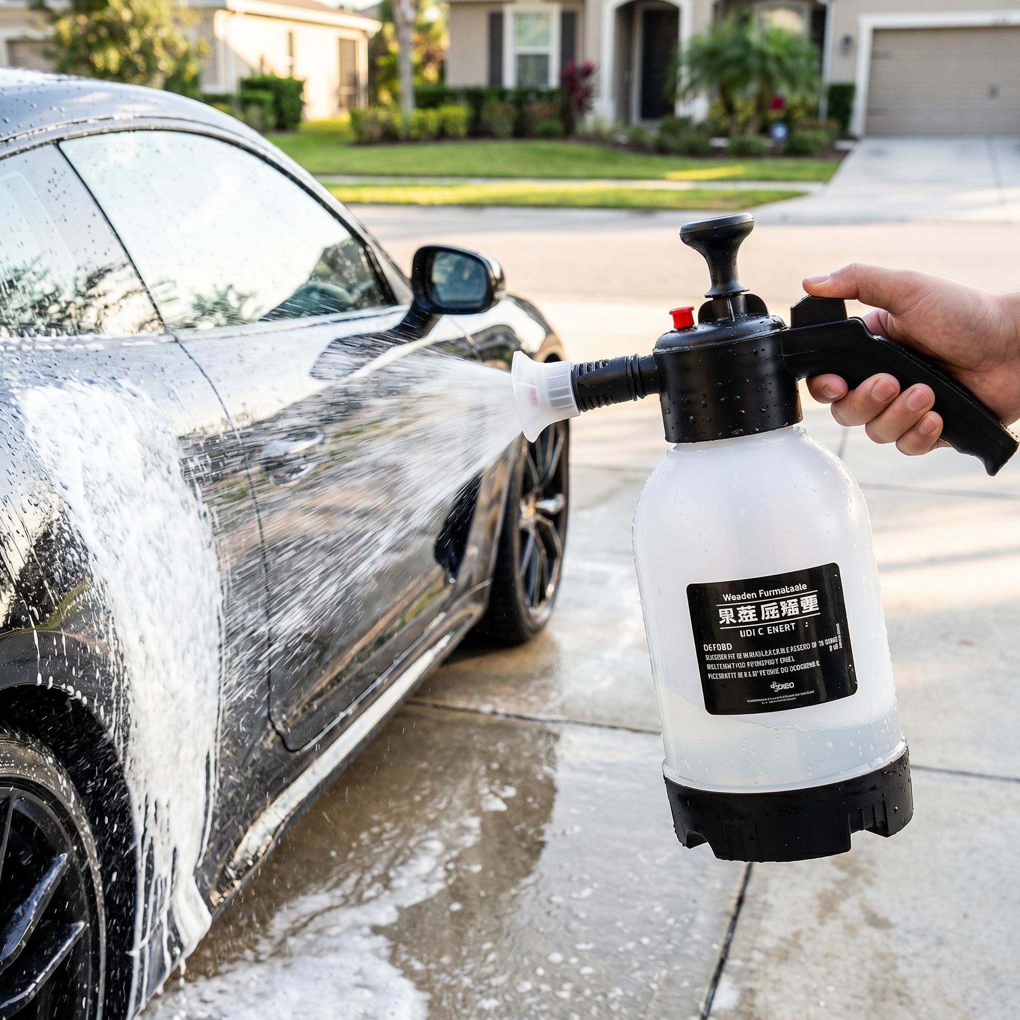 2L pressurized foam car wash spray pot in use on a driveway