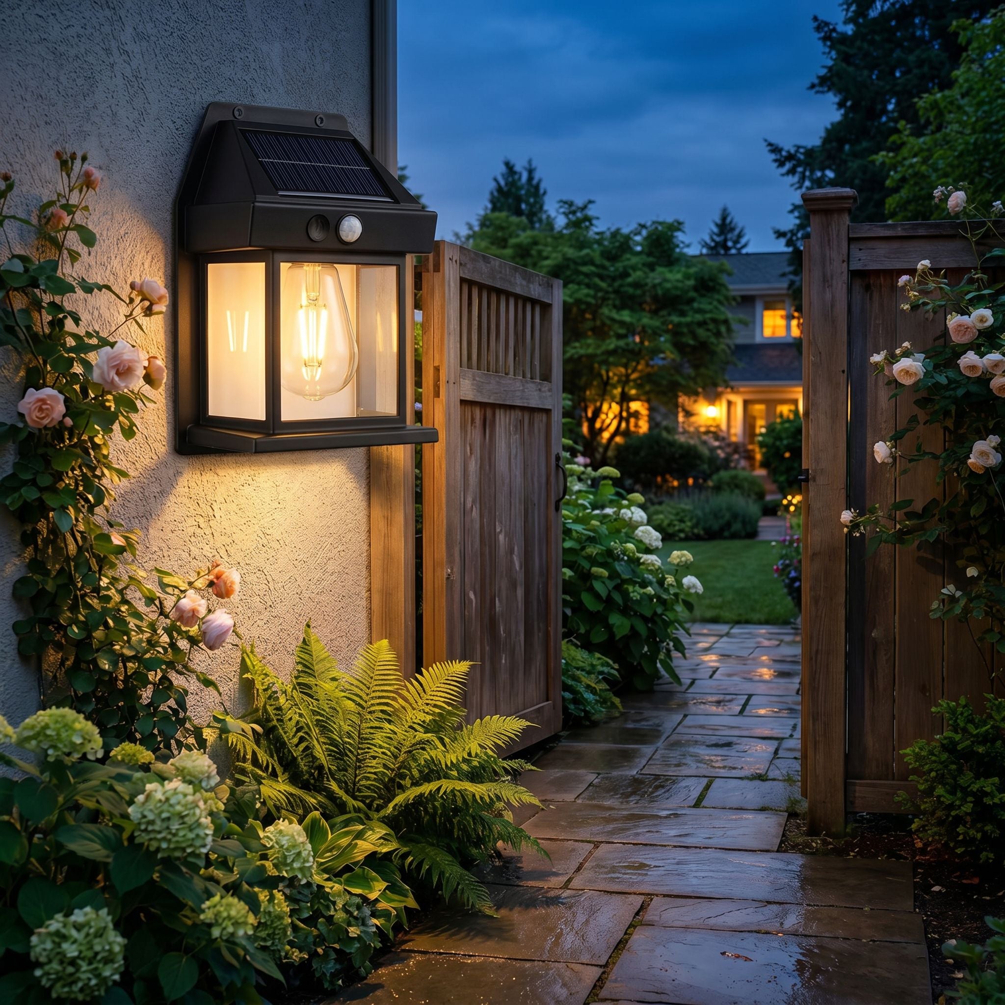 Solar motion wall light mounted outdoors at dusk
