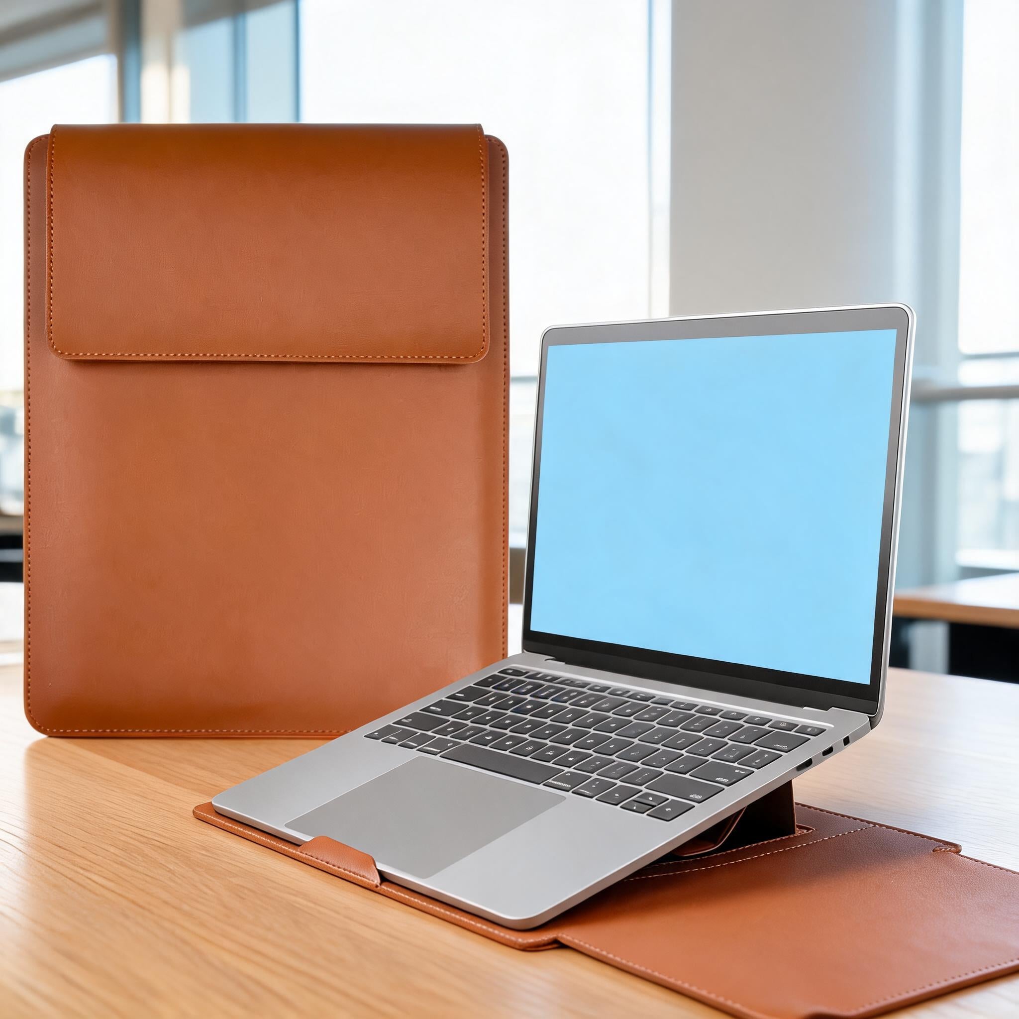 Leather laptop sleeve and stand on a bright desk with a generic unbranded laptop