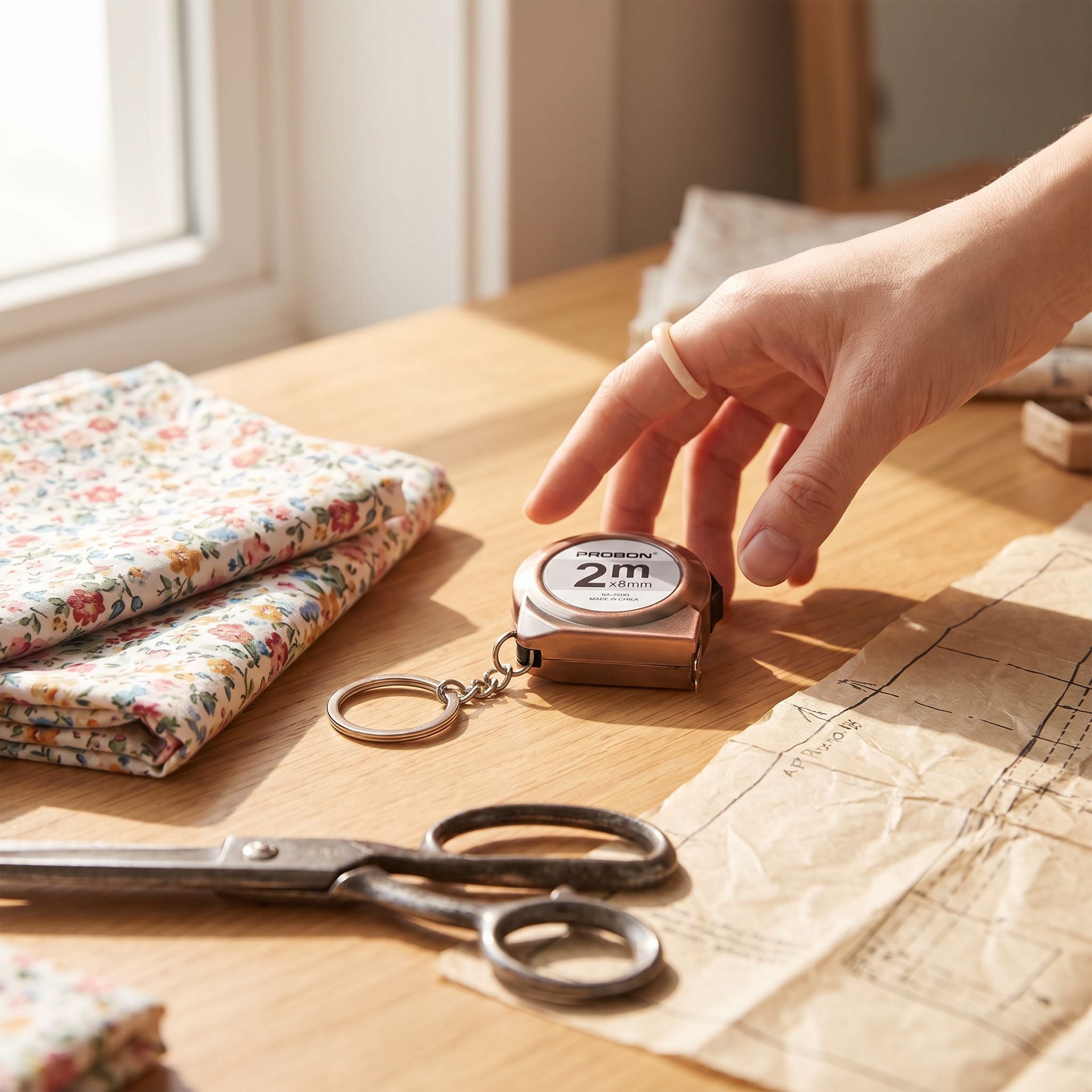 Retractable keychain mini tape measure in use on a crafting table