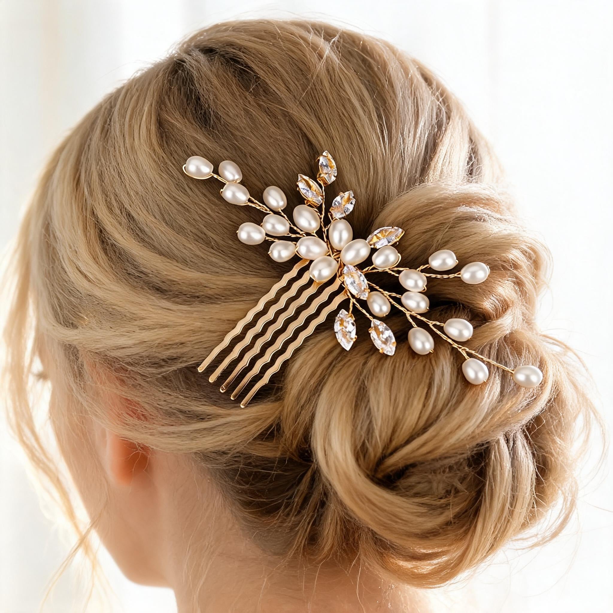 Pearl and zircon bridal hair comb set into an updo