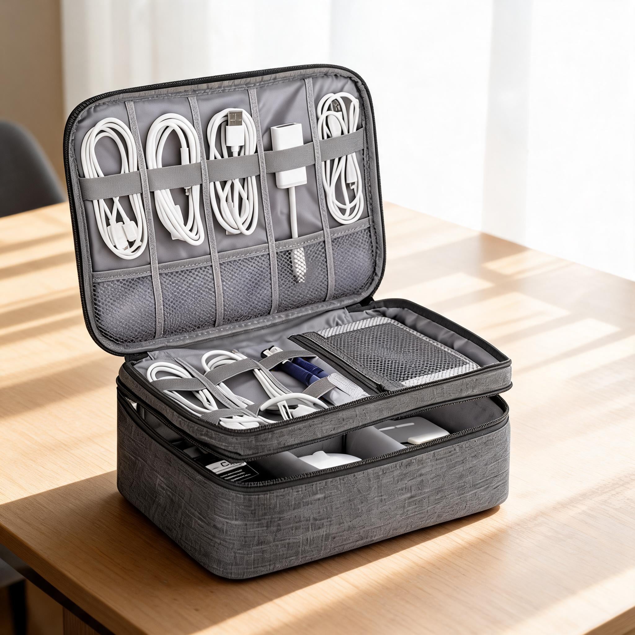 Cable organizer case open on a bright desk holding cables