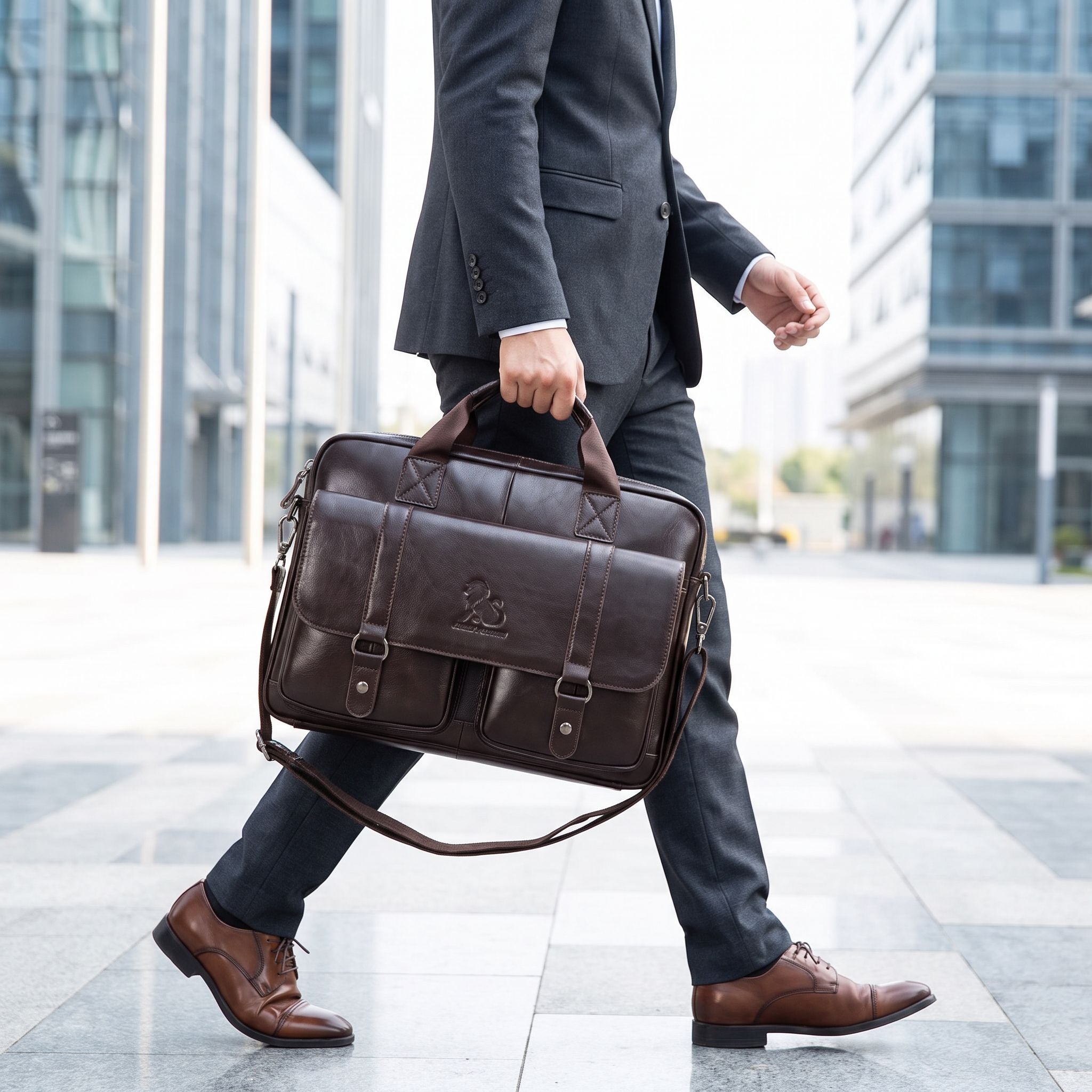 Leather briefcase carried by a professional in a bright city setting